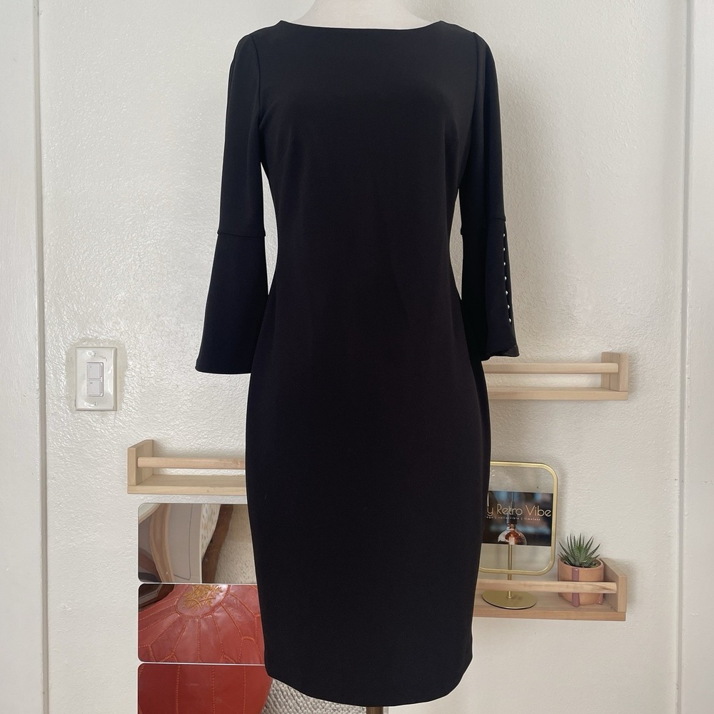 Calvin Klein Women's Black Bell Sleeve Sheath Dress‎ Size 8 Holiday Chic